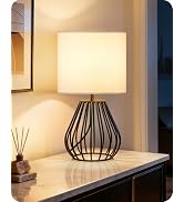 GOEBLESON Small Table Lamp for Bedroom, Modern Bedside Lamp with White Linen Lampshade & Black Me...