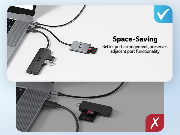Space-saving USB hub comparison: Top shows efficient port arrangement preserving adjacent functionality. Bottom shows poor design blocking nearby ports.