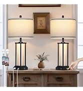 luxeflow 27in Tall Farmhouse Table Lamp Set of 2 with USB C+A & Outlet,Black Industrial End Table...