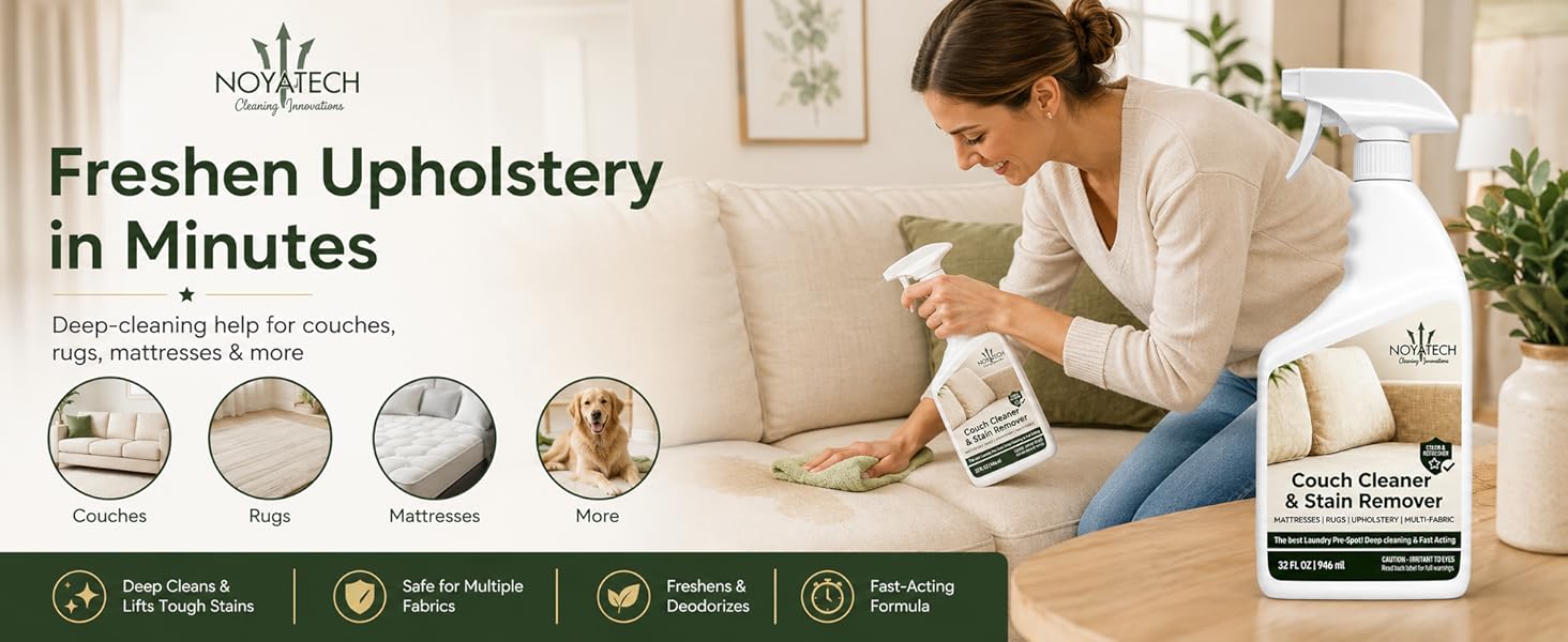 Woman cleaning a beige couch with NOYATECH Couch Cleaner, with icons for rugs, mattresses, pets