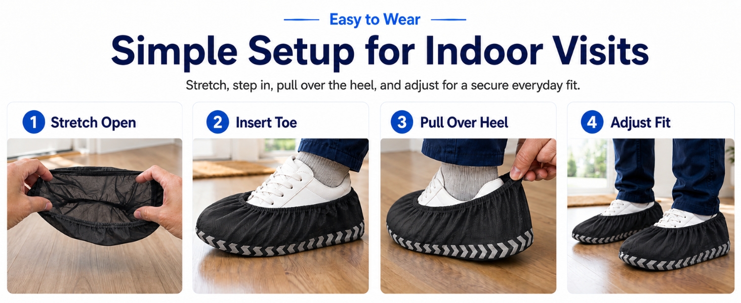 Four-step guide showing how to put on black disposable shoe covers