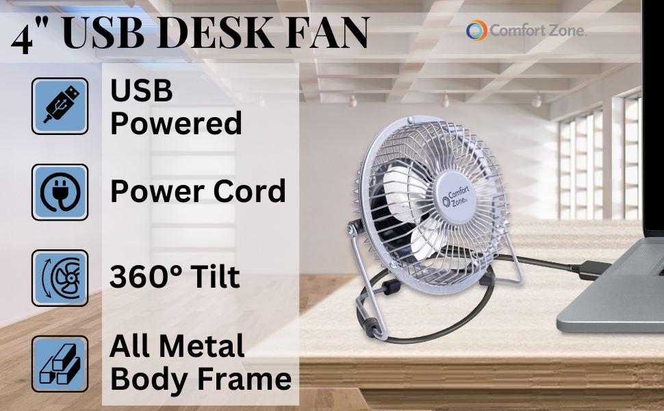 comfort zone portable 4 inch usb desk fan silver black colors