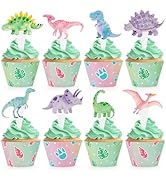 Hooqict 48 Pack Dinosaur Cupcake Toppers and Wrappers Dinosaur Birthday Party Cupcake Topper Deco...