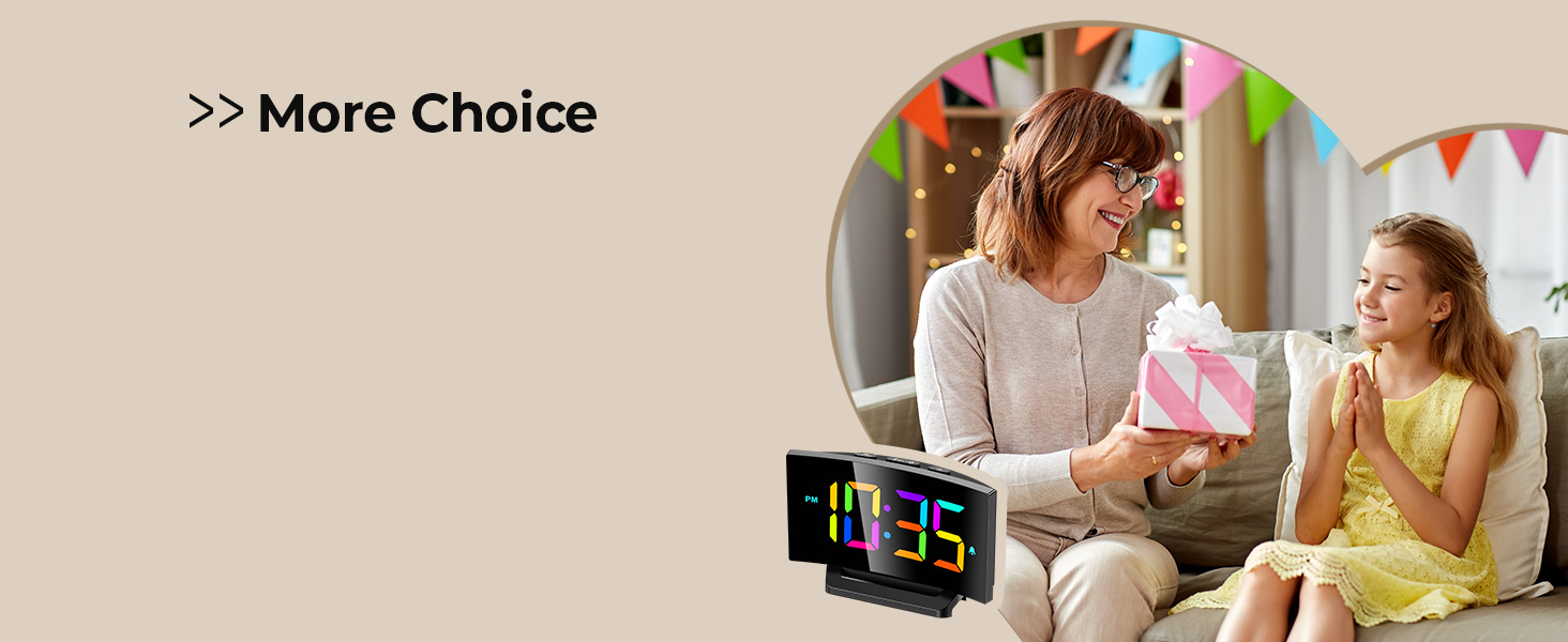 Digital alarm clock with large red LED display. Text 'More Choice' visible in the corner of the image.