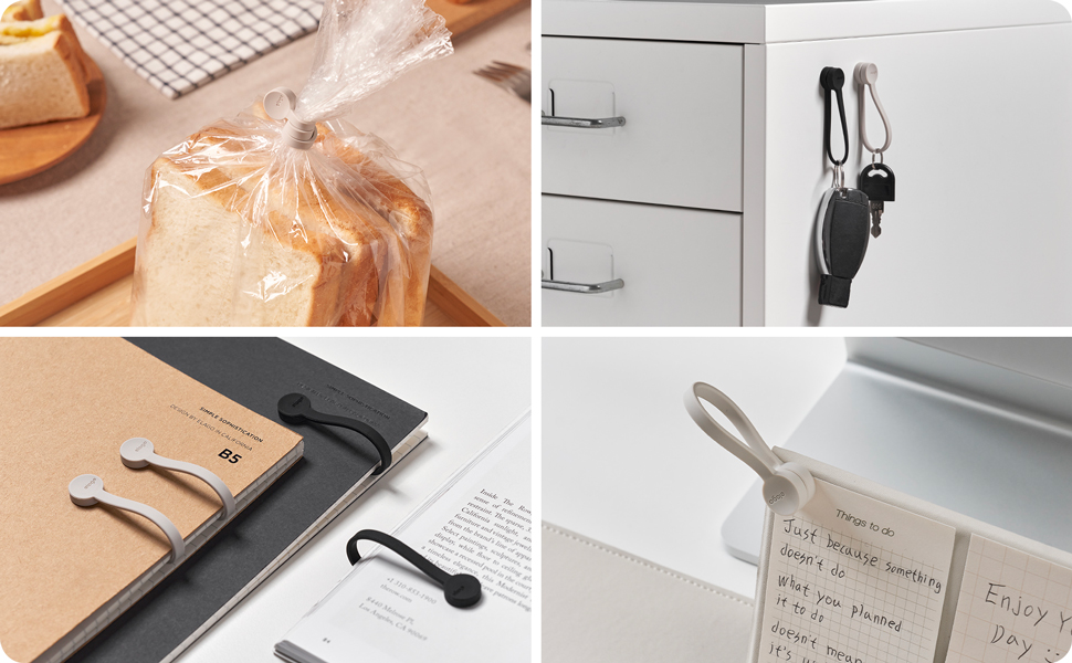 Four-panel composite showing: lace gloves on mesh surface, wall storage hanging system, wooden utensil drawer organizer, and stainless steel kitchen tool.