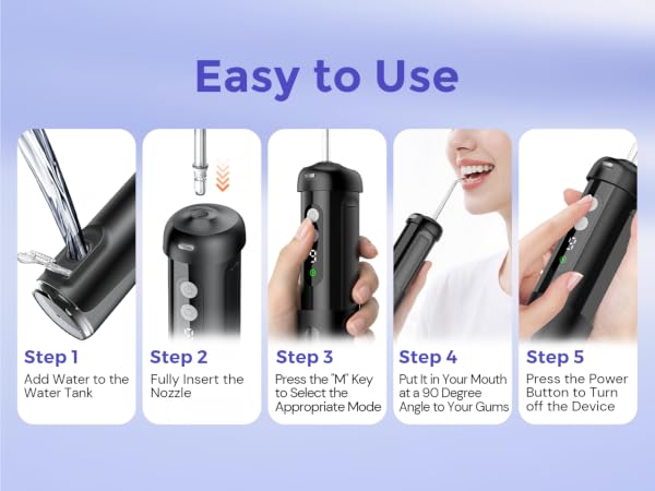Text reads 'Easy to Use' with 5 instructional steps showing black handheld device usage: Step 1 Charging, Step 2 Pouch Packing, Step 3 Device Operating, Step 4 Scalp Checking, Step 5 Results Recording.