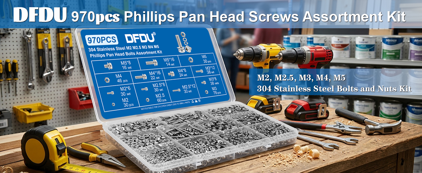 970 Pcs 304 Stainless Steel M2 M2.5 M3 M4 M5 Phillips Pan Head Bolts Assortment Kit