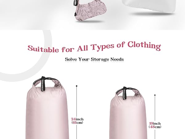 Text reads 'Suitable For All Types of Clothing' below an image of two pink waterproof dry bags with roll-top closures and measurement indicators.