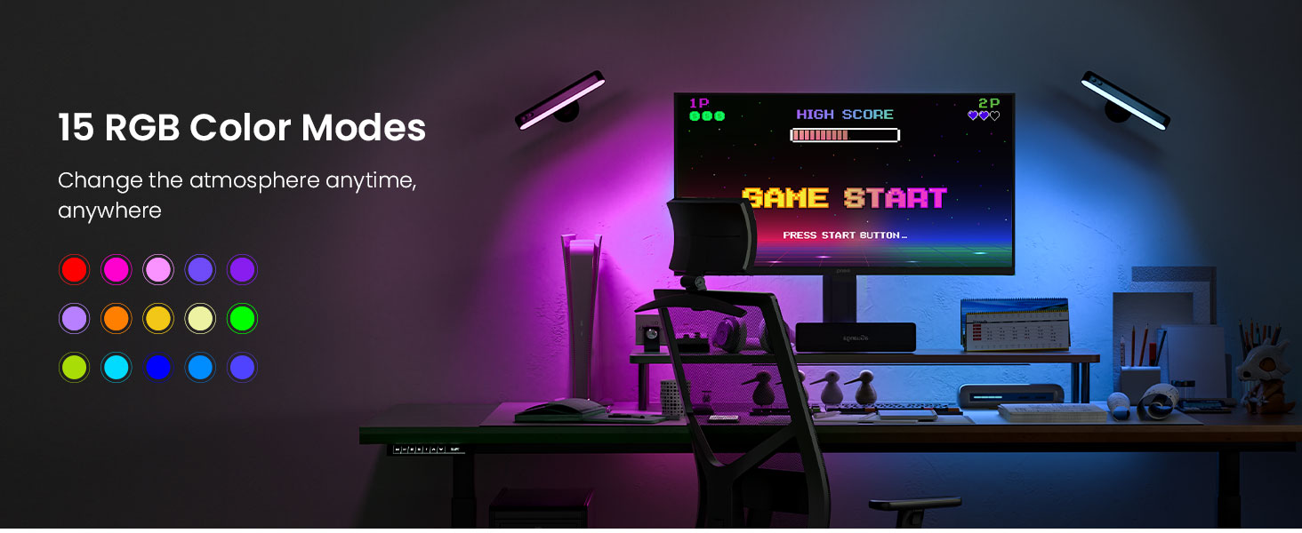 RGB wall lights creating immersive purple atmosphere for gaming room setup and desk decor.