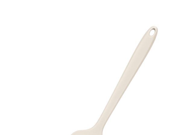 White plastic spatula or spreader tool with long handle against white background.