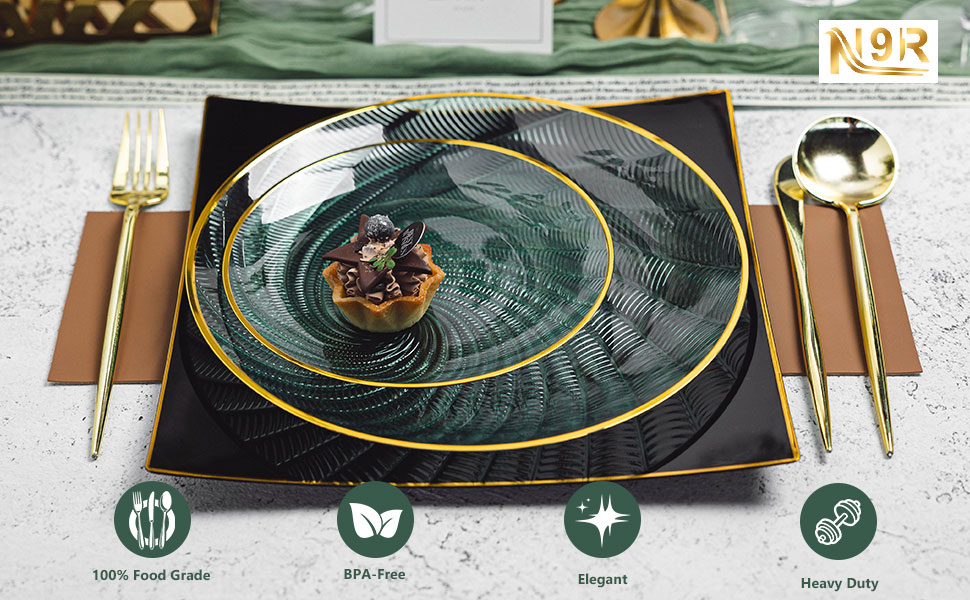 green plastic plates with gold rim