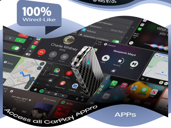 Wireless CarPlay adapter shown with map, music, phone, message, and app display screens
