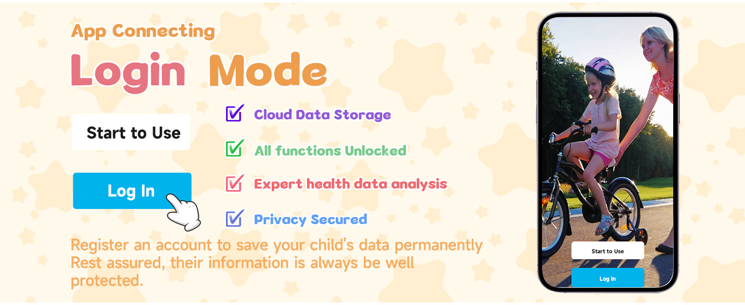 Smartphone app login screen with features list including cloud storage and health data analysis. Image shows child learning to ride bike with adult assistance.