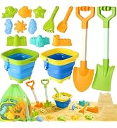 HUITEM Beach Sand Toys for Kids with 20 in Long Beach Shovels, 2 Collapsible Bucket, Sand Castle ...