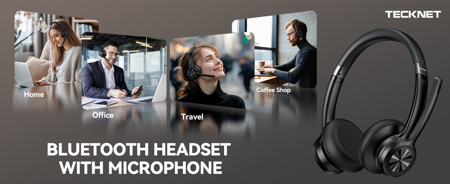 Tecknet Bluetooth headset with microphone advertised for home, office, and travel use, showing wireless over-ear design.