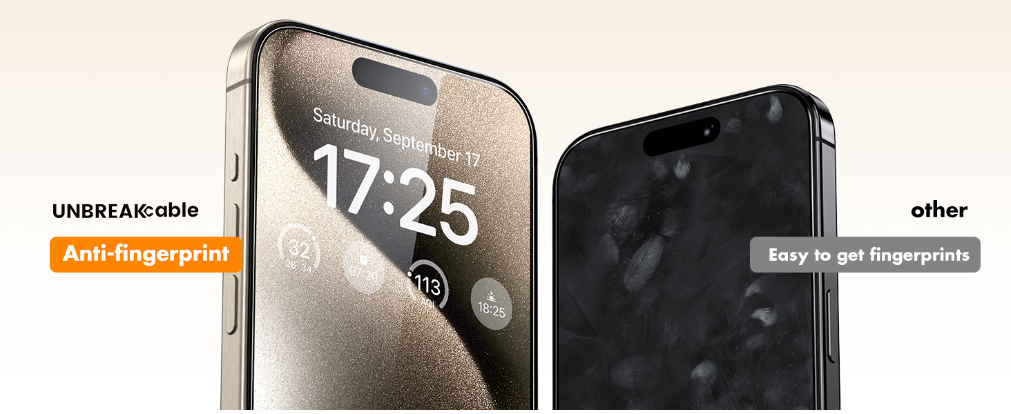 Comparison of smartphone screen protectors - left showing anti-fingerprint coating, right showing standard surface with visible fingerprints. Time 17:25 displayed.