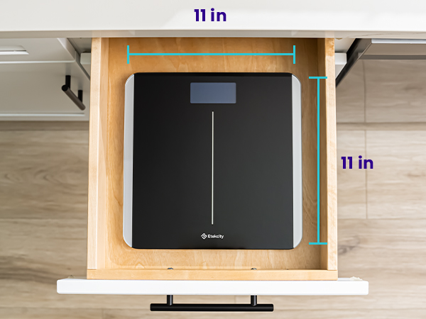 The 11 x 11inch platform and slim profile make the smart scale easy to store anywhere.
