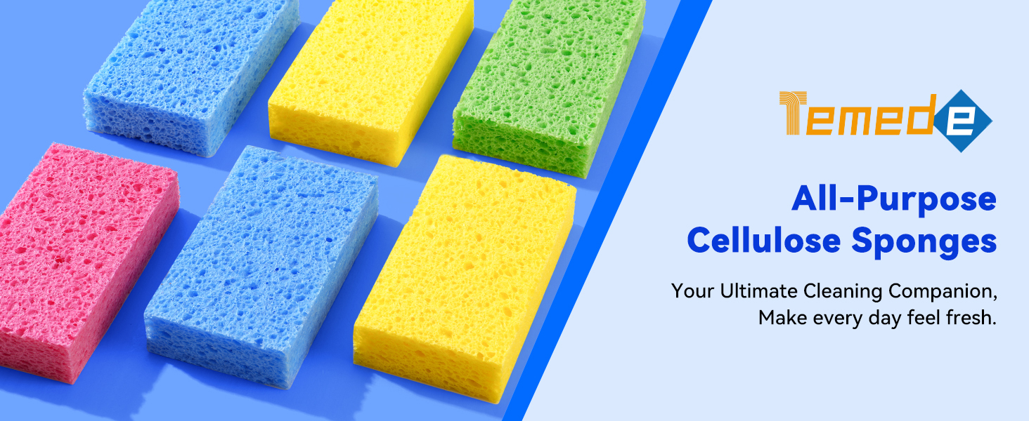 Colorful cellulose sponges displayed on a light blue background, showing rectangular sponge shapes.