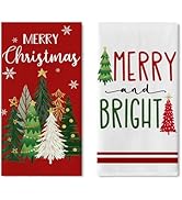 Croar Merry Christmas Tree Red Kitchen Dish Towels Set of 2, Xmas Bright Snowflake Drying Hand To...