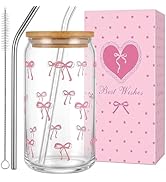 Coquette Cute Pink Bow Glass Cups with Lids and Straws, 2.8mm Thick Aesthetic Iced Coffee Cup Tum...