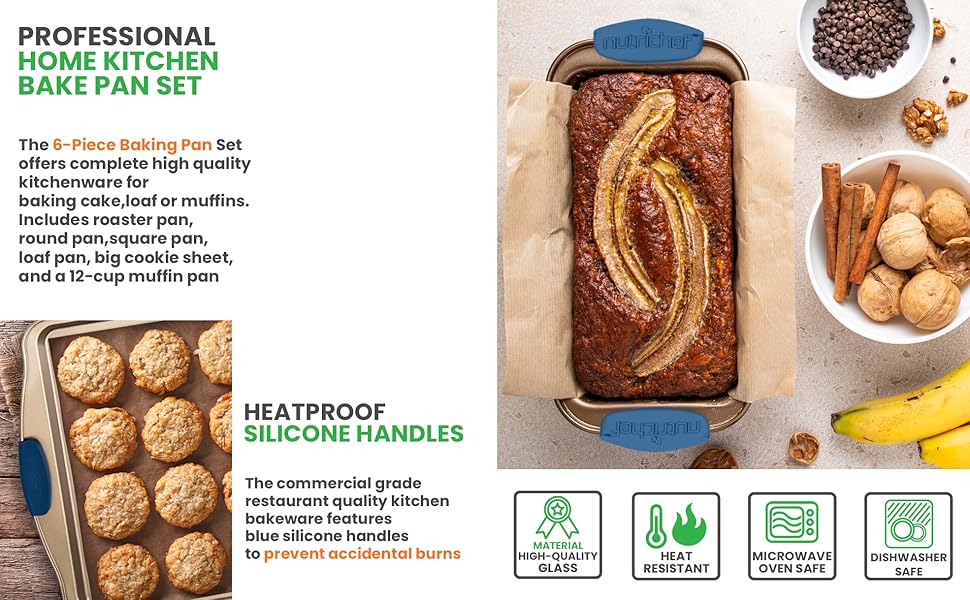 6-Piece Nonstick Bakeware Set;Carbon Steel Baking Trays w/ Heat safe Silicone Handles, Oven Safe