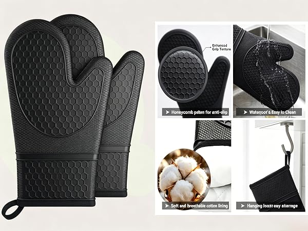Heat Resistant Oven Mitts Non-Slip Waterproof Cotton Lined with Hanging Loop