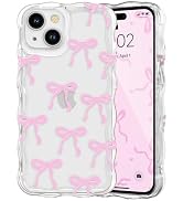 QLTYPRI Bow Case for iPhone 14 Plus/15 Plus, Cute Ribbon Bows Wavy Curly Frame Clear Phone Case f...