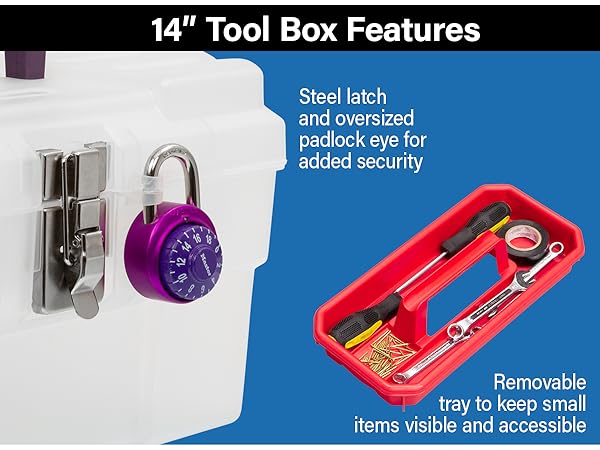tool box features steel latch and oversized padlock eye along with a removable tray