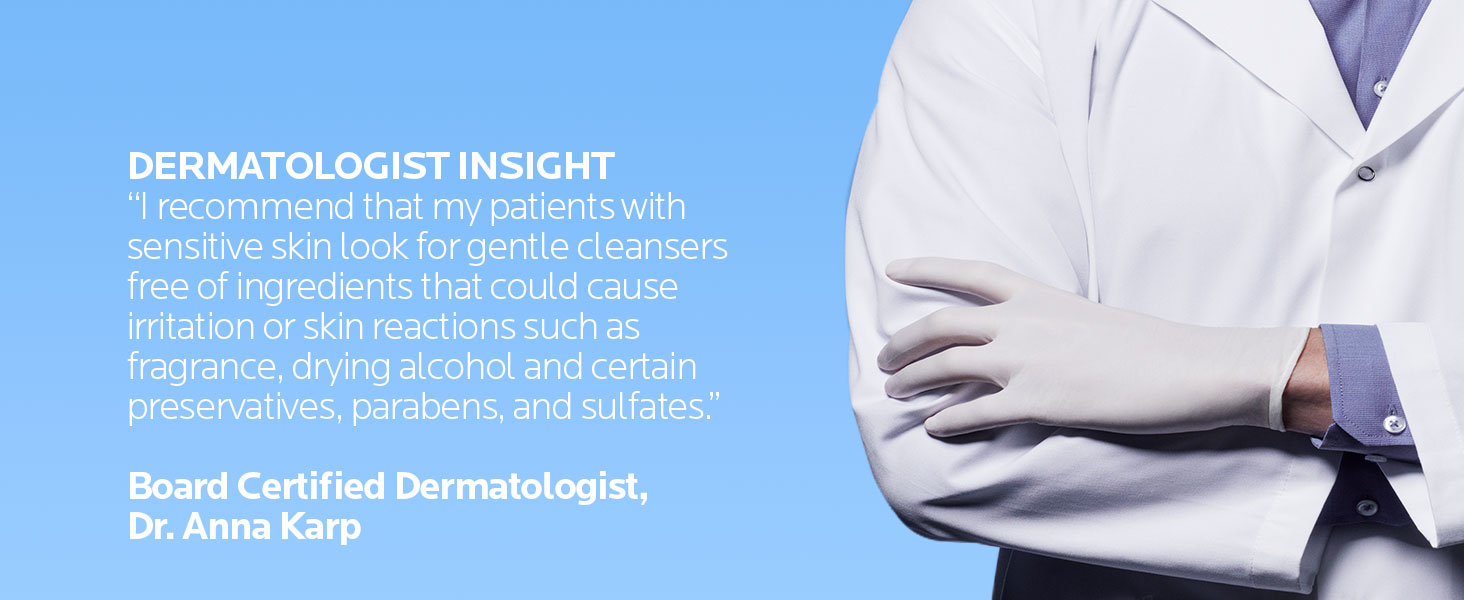 Derm recommended for patients with sensitive skin needing gentle cleansers that don't irritate
