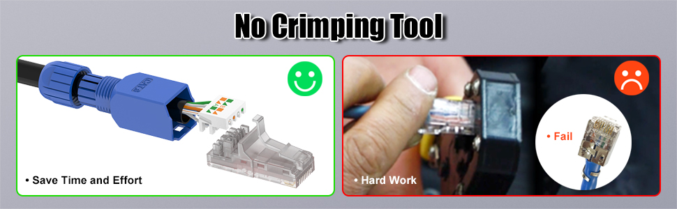 Blue connector tool compared to manual method. Left shows easy insertion, right shows difficult manual process. Text indicates 'No Crimping Tool' and 'Save Time and Effort'.