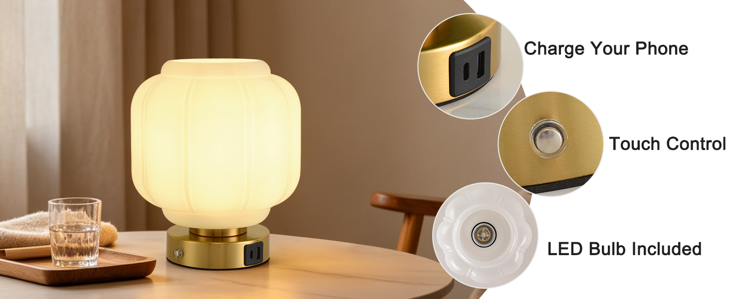 Rechargeable Table Lamp Cordless Milk Glass Bedside Lamp Small white and gold