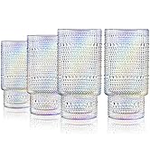 Joeyan Iridescent Drinking Glasses,Vintage Embossed Stacking Water Tumblers Romantic,Clear Hobnai...