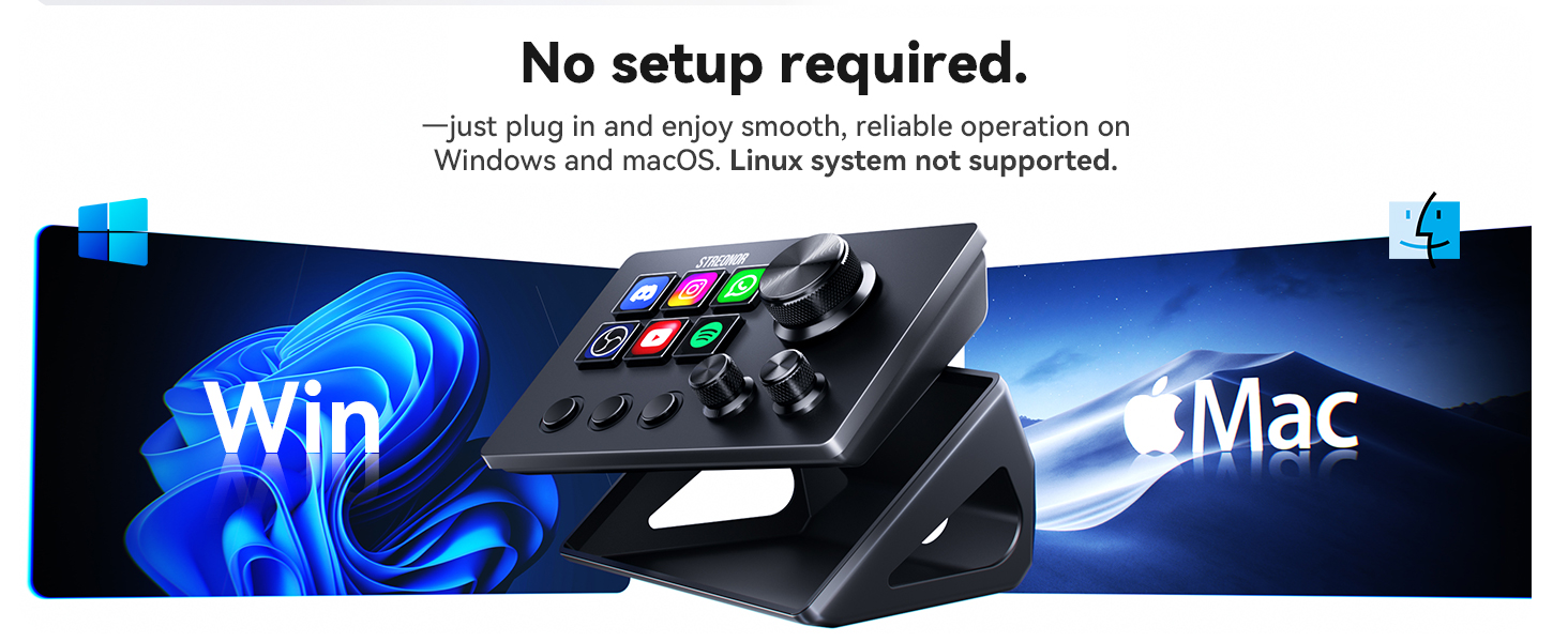 Text reads: 'No setup required.' Dark gaming mouse shown between 'Win' and 'Mac' logos with Windows and macOS operating system compatibility indicators. Plug-and-play peripheral for both platforms.