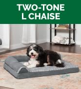 Furhaven Medium Cooling Gel Foam Dog Bed Two-Tone Faux Fur & Suede L Shaped Chaise w/ Removable W...