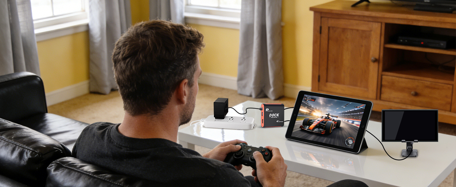 with the 2-in-1 Switch Dock & Capture Card in capture mode using an iPad as a monitor.