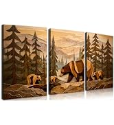 Frimeeme 3-Piece Framed Rustic Forest Bear Canvas Wall Art,Woodland Cabin Decor, for Cabin, Farmh...