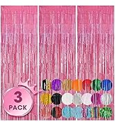 Voircoloria 3 Pack 3.3x8.2 Feet Laser Pink Foil Fringe Backdrop Curtains, Tinsel Streamers Birthd...
