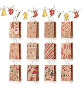 HATORI Christmas Gift Bags, 24 PCS Assorted Christmas Prints Kraft Gift Bags Bulk for Xmas Party ...