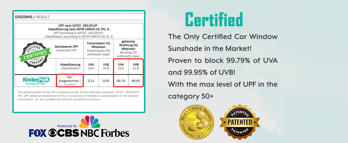 UV Protection Lab tested & proven to blocks 99.79% UVA & 99.95% UVB to help protect passengers