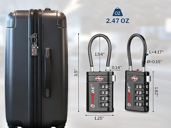 FORGE Optimus 4-digit TSA lock with zinc alloy body and size details