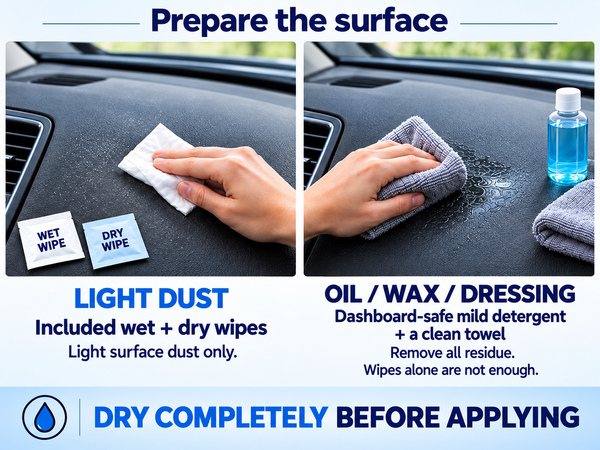 Wipes for light dust only. Use suitable detergent and a towel for oil or wax. Dry completely.