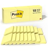 Post-it Notes, 3 in x 3 in, 18 Sticky Notes Pads, 100 Sheets per Pad, The Iconic Canary Yellow No...
