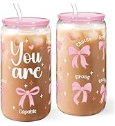 Christian 16oz Can Glass Tumbler with Acrylic Lid & Straw, Iced Coffee Cup for Women Girls, Aesth...