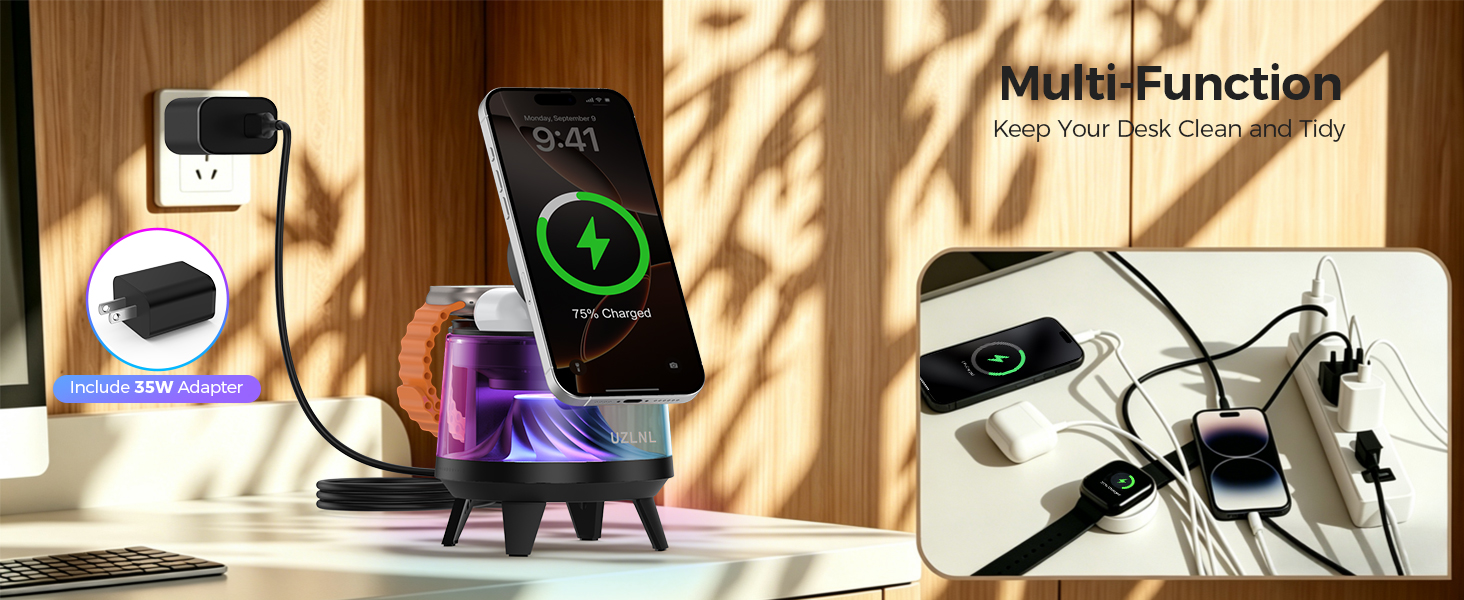 All-in-one wireless charger with 35W adapter, multi-function for a tidy desk