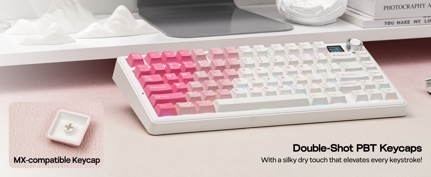 Close-up images of pink and white computer keyboard keys and components.
