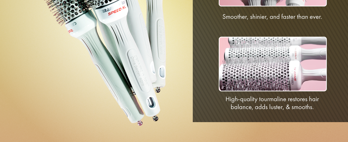 Image of five ion hair brushes with text reading high quality tourmaline restores hair balance.