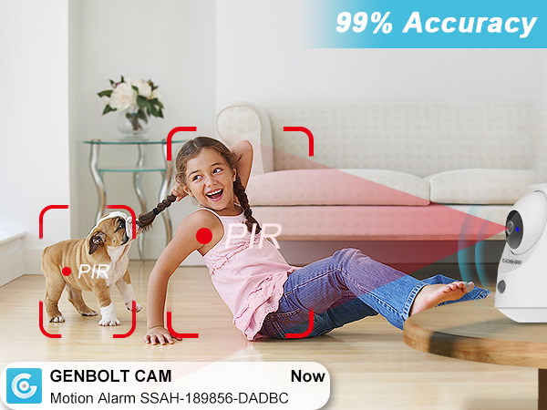 Motion detection camera interface showing tracking boxes and accuracy percentage overlay, capturing indoor room scene with sofa.