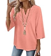 WIHOLL 3/4 Length Sleeve Womens Tops Boho V Neck Lace Shirt Trendy Blouses Dressy Casual Vacation...