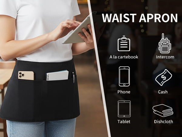 Waitress Apron With 3 Pockets-Black Server Aprons-Waiter Short Half Waist Servers Apron