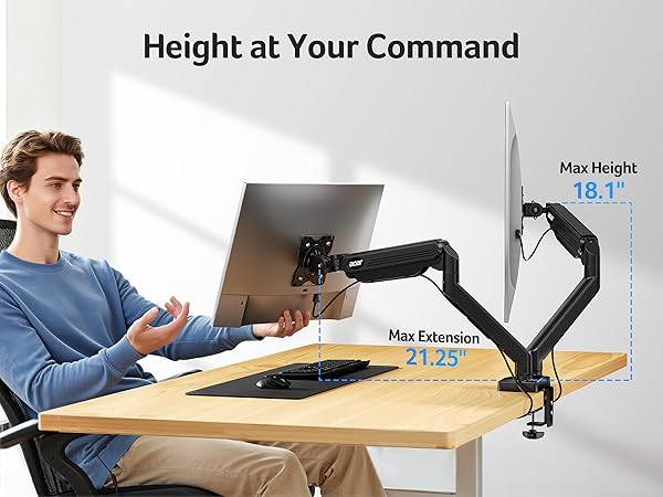Text reads 'Height at Your Command'. Series of images demonstrating adjustable desk or table mechanism with hands adjusting height settings.